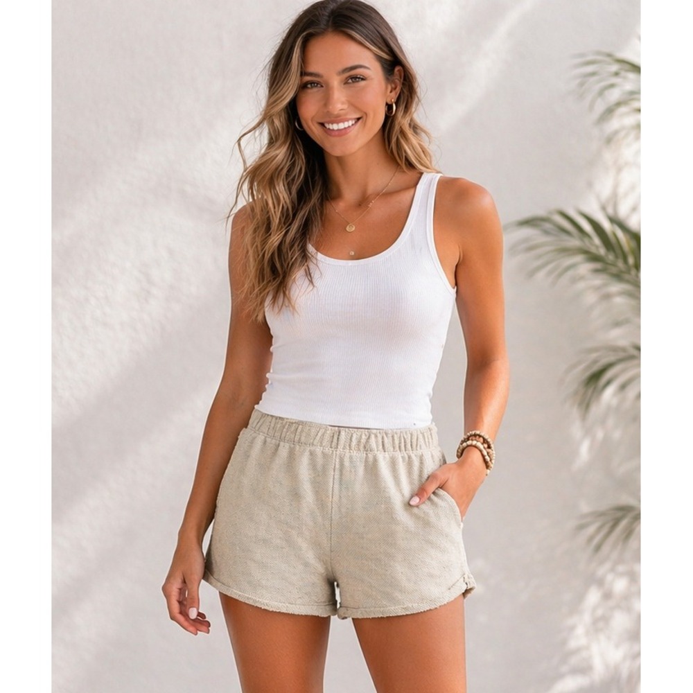 Aerie Womens Oatmeal Beige Waffle Knit High Waisted Sweat Shorts Raw Hem Small